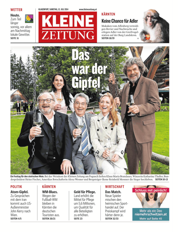 Klaus Maria Brandauer, Katharina Thaller, Heinz Fischer, Alexa Wesner und Reinhold Messner bei der Weinkost der Kleinen Zeitung.
