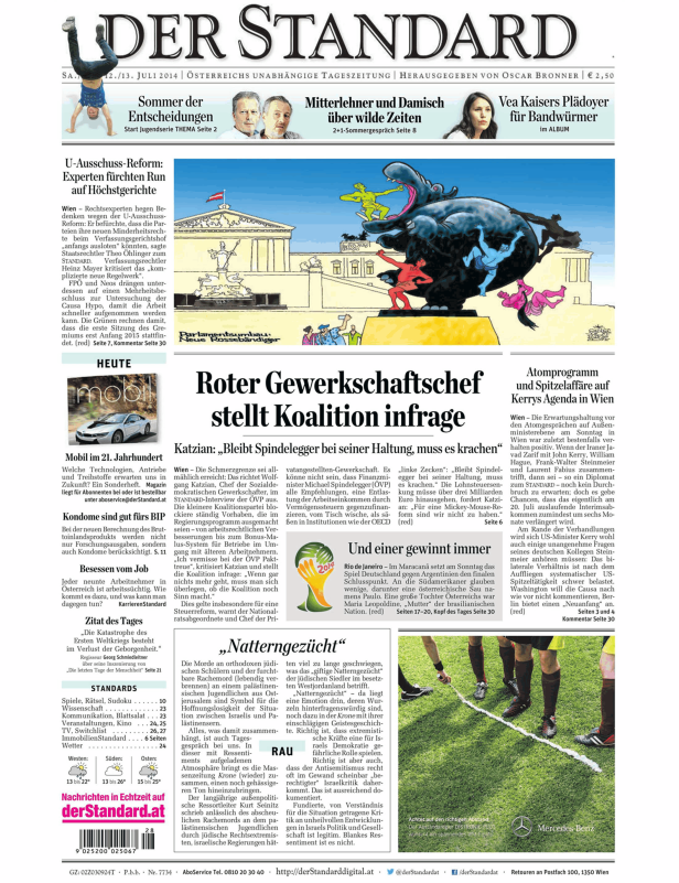 Titelseite der Zeitung „Der Standard“ vom 12./13. Juli 2014 mit verschiedenen Artikeln und Illustrationen.