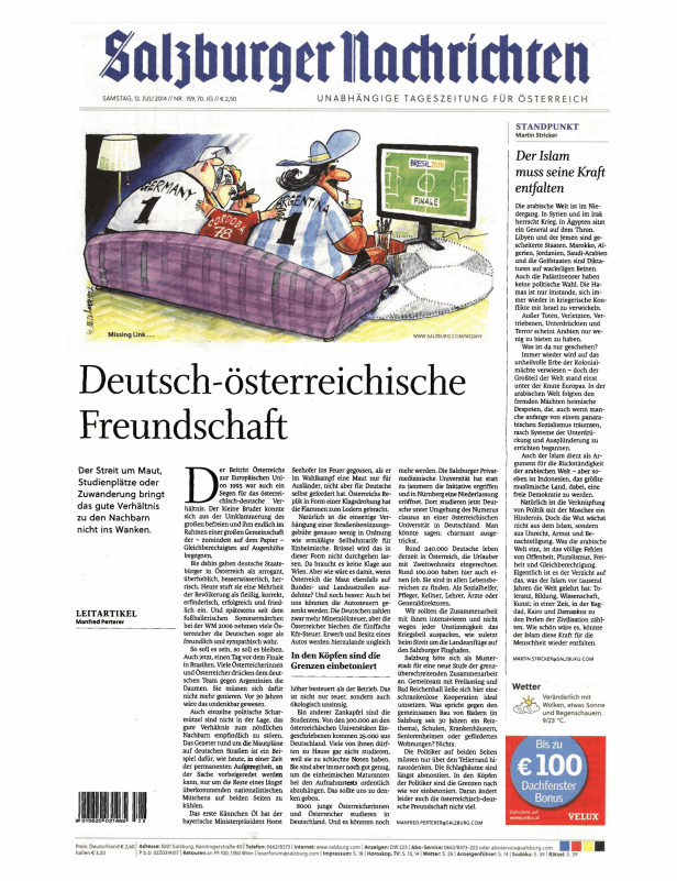 Karikatur zur deutsch-österreichischen Freundschaft während der Fußball-WM 2014.