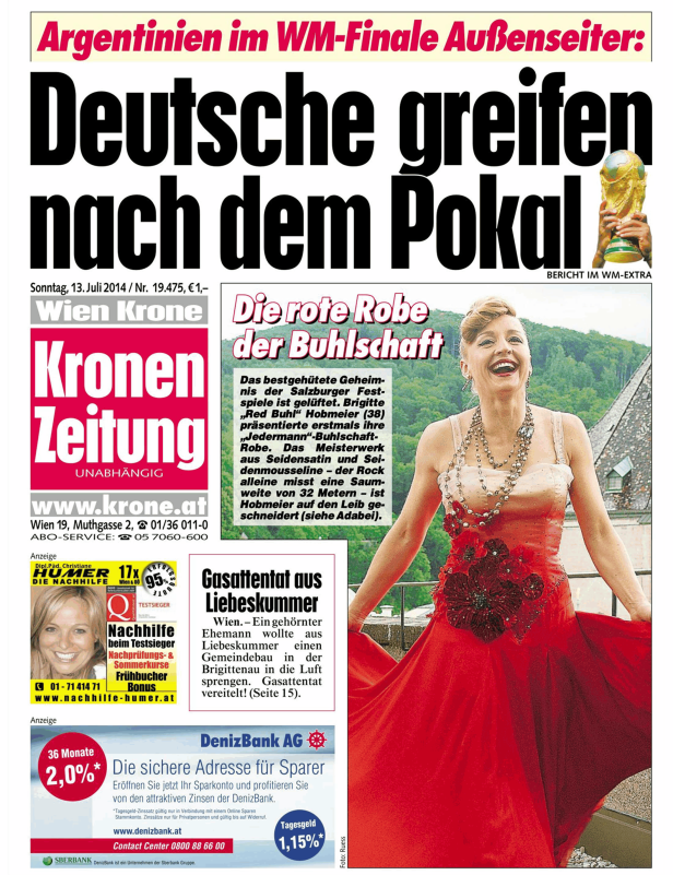 Titelseite der Kronen Zeitung vom 13. Juli 2014 mit dem Titel „Deutsche greifen nach dem Pokal“.