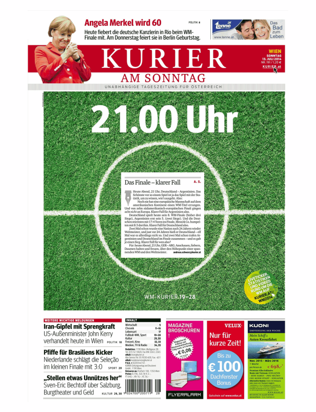 Titelseite des Kurier am Sonntag mit Angela Merkel und dem Hinweis auf das WM-Finale Deutschland gegen Argentinien.