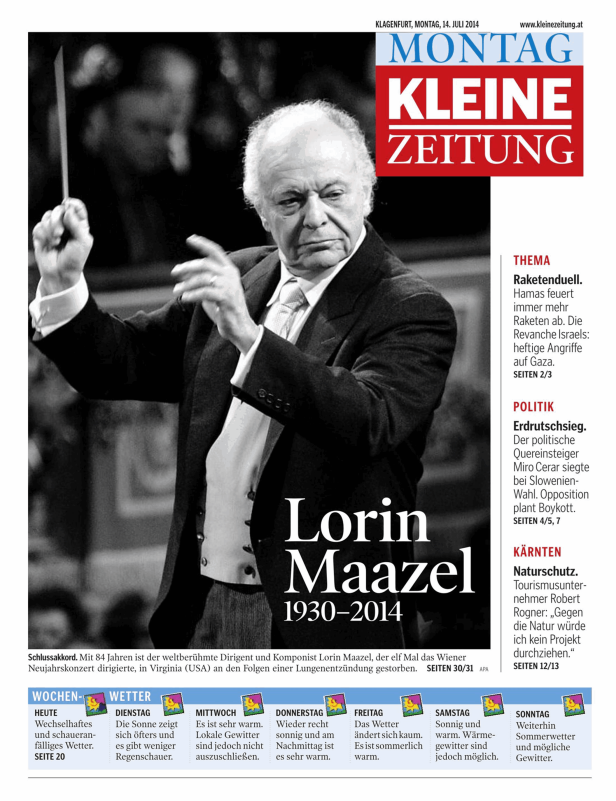 Der Dirigent Lorin Maazel vor dem Hintergrund einer Titelseite der Kleinen Zeitung.