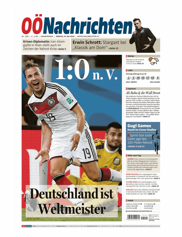 Titelseite der OÖNachrichten vom 14. Juli 2014 mit einem Foto von Mario Götze, der Deutschland zum Weltmeistertitel schoss.