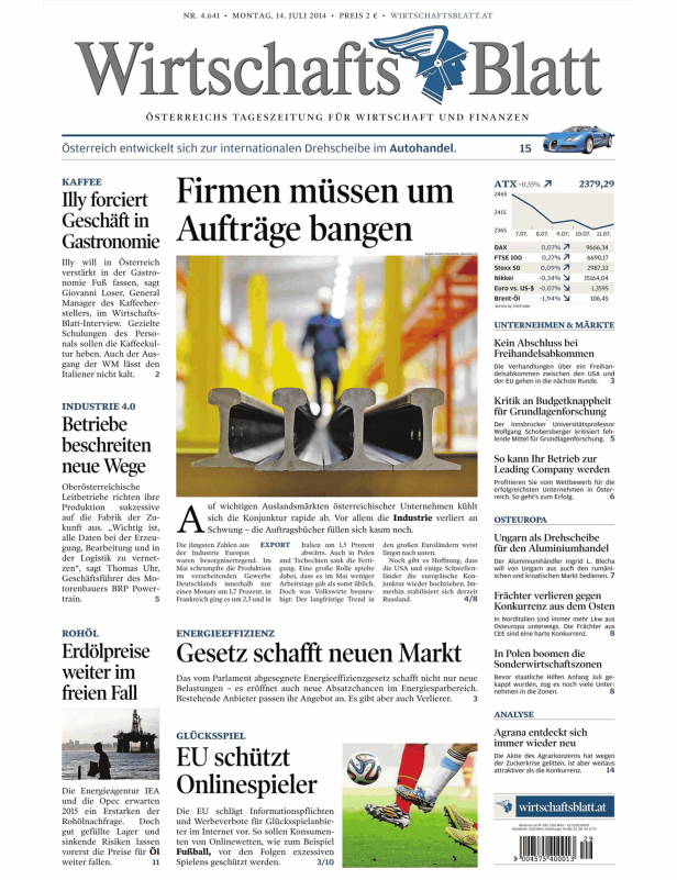 Titelseite des Wirtschaftsblatt vom 14. Juli 2014.