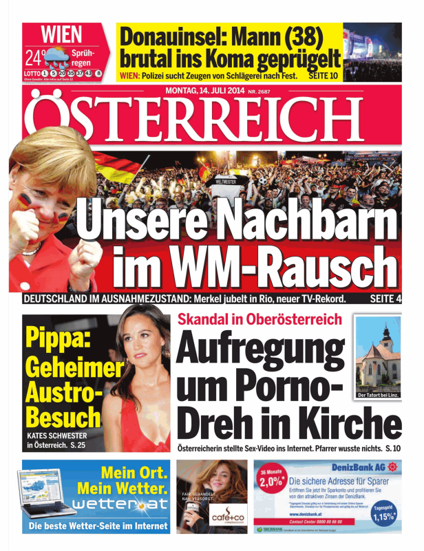 Titelseite der Zeitung „Österreich“ vom 14. Juli 2014 mit Angela Merkel und dem WM-Sieg Deutschlands.