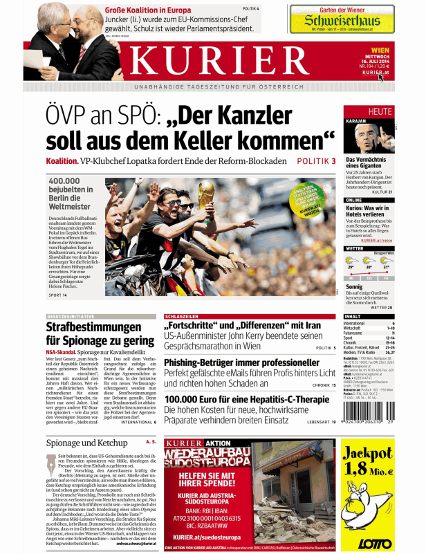 Titelseite des Kurier vom 16. Juli 2014 mit Schlagzeilen zu Politik, Sport und Wirtschaft.