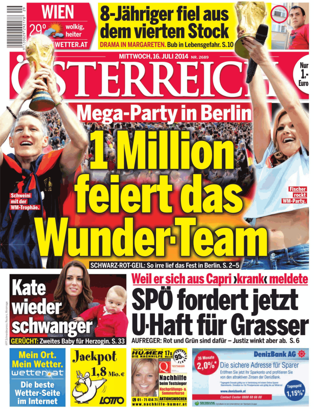 Titelseite der Zeitung „Österreich“ vom 16. Juli 2014 mit Berichten über die Fußball-Weltmeisterschaft, Kate Middletons Schwangerschaft und andere Themen.