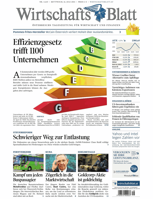 Titelseite des Wirtschaftsblatt vom 16. Juli 2014 mit Artikeln zu Wirtschaft und Finanzen.