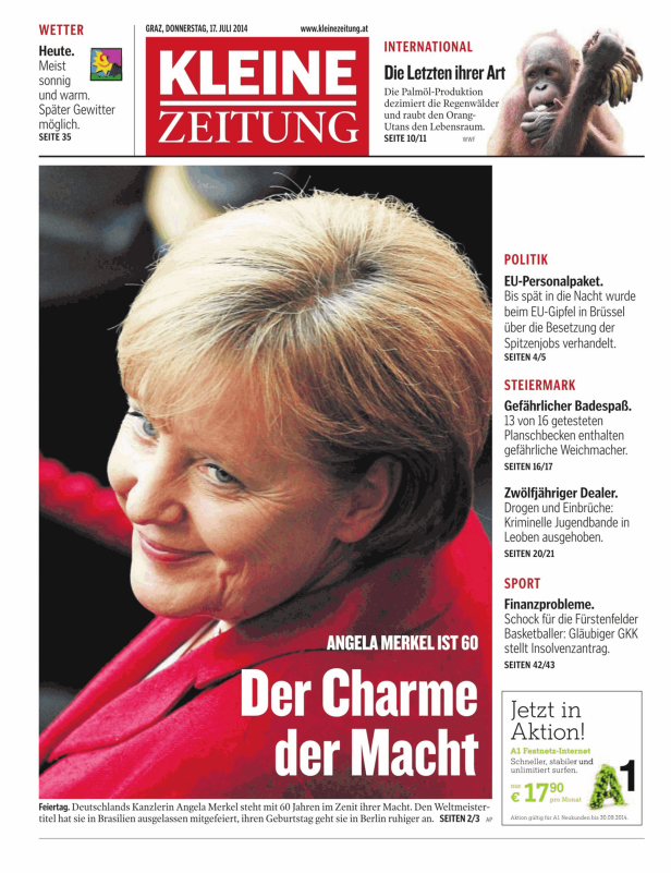 Titelseite der Kleinen Zeitung mit einem Porträt von Angela Merkel.