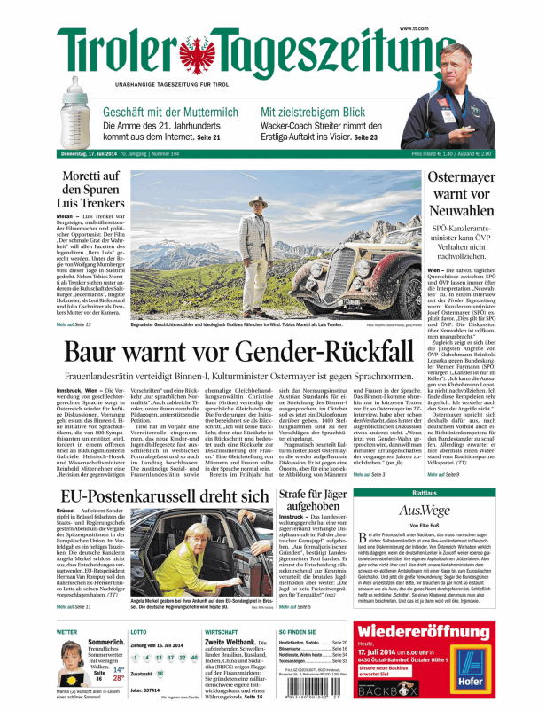 Titelseite der Tiroler Tageszeitung vom 17. Juli 2014 mit Artikeln zu verschiedenen Themen.