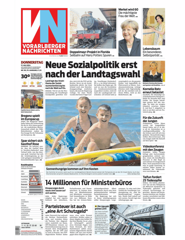 Titelseite der Vorarlberger Nachrichten mit Artikeln über Sozialpolitik, Sport und lokale Ereignisse.