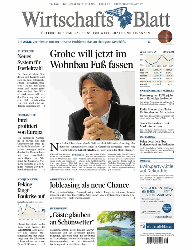Titelseite des Wirtschaftsblatt vom 17. Juli 2014.