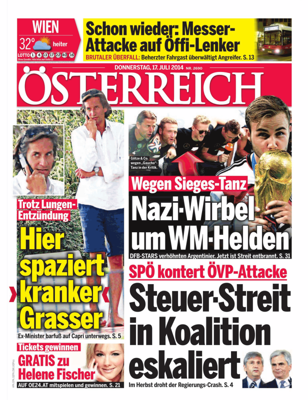 Titelseite der Zeitung „Österreich“ vom 17. Juli 2014 mit Schlagzeilen zu Politik und Sport.