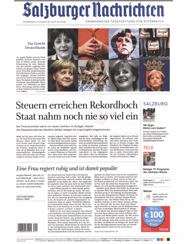 Titelseite der „Salzburger Nachrichten“ mit einer Collage von Angela Merkel.