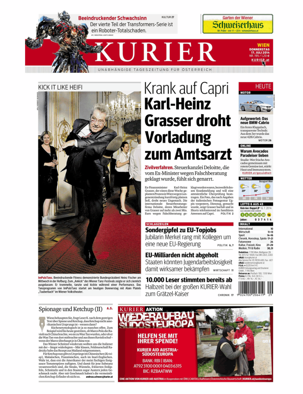 Titelseite des „Kurier“ vom 17. Juli 2014 mit Schlagzeilen zu Karl-Heinz Grasser und EU-Topjobs.