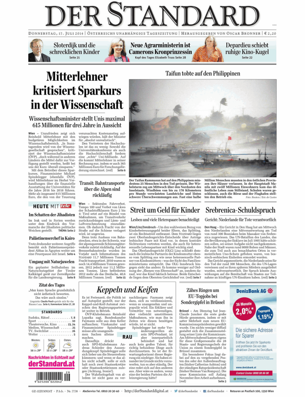 Titelseite der Zeitung „Der Standard“ vom 17. Juli 2014 mit Artikeln zu verschiedenen Themen.