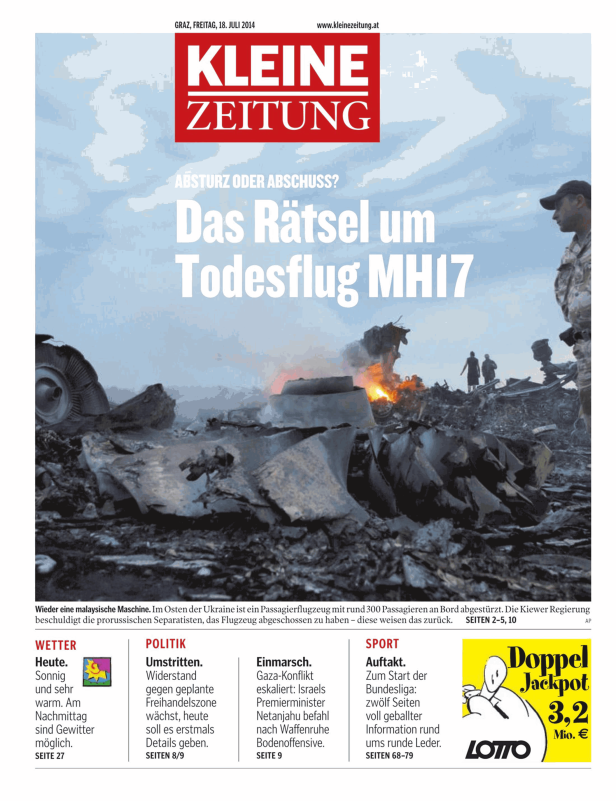 Titelseite der Kleinen Zeitung vom 18. Juli 2014 zum Absturz von Flug MH17.