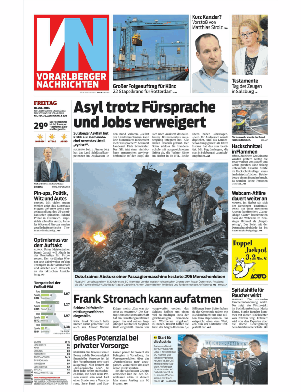 Titelseite der Vorarlberger Nachrichten vom 18. Juli 2014.
