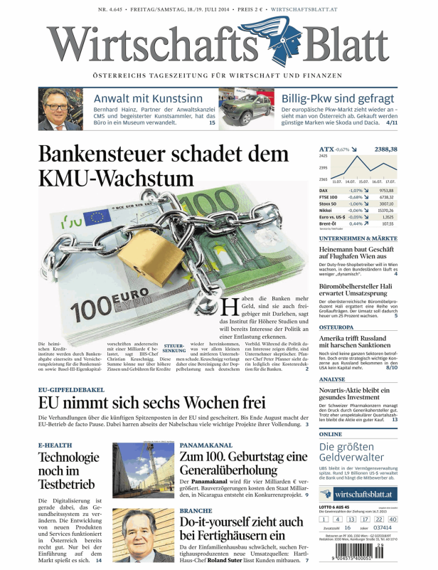 Titelseite des WirtschaftsBlatt vom 18./19. Juli 2014 mit Artikeln zu Wirtschaft und Finanzen.