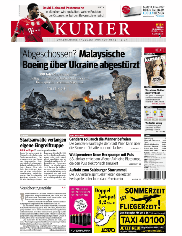 Titelseite des Kurier vom 18. Juli 2014 mit Nachrichten über eine abgestürzte Boeing in der Ukraine.