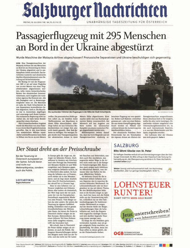 Titelseite der „Salzburger Nachrichten“ vom 18. Juli 2014 mit der Schlagzeile über den Absturz eines Passagierflugzeugs in der Ukraine.