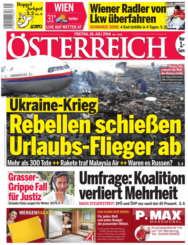 Titelseite der Zeitung „Österreich“ vom 18. Juli 2014 mit dem Titel „Rebellen schießen Urlaubs-Flieger ab“.