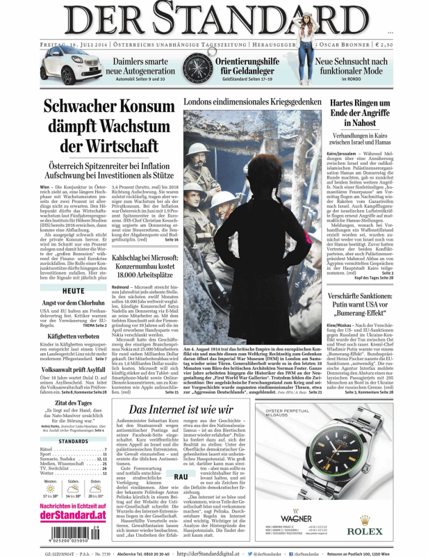 Titelseite der Zeitung Der Standard vom 18. Juli 2014.