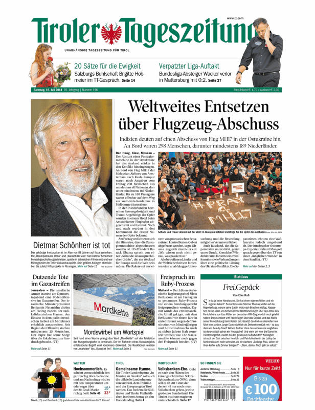 Titelseite der Tiroler Tageszeitung vom 19. Juli 2014 mit Nachrichten über einen Flugzeugabschuss und Dietmar Schönherrs Tod.