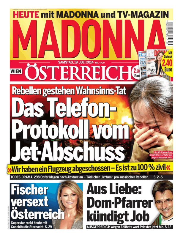 Titelseite der Zeitschrift „Madonna“ vom 19. Juli 2014 mit Schlagzeilen zum Abschuss eines Jets und dem Tod von 298 Menschen.