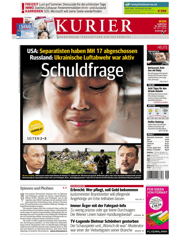Titelseite des Kurier vom 19. Juli 2014 mit dem Hauptthema „Schuldfrage“ zum Abschuss von MH17.