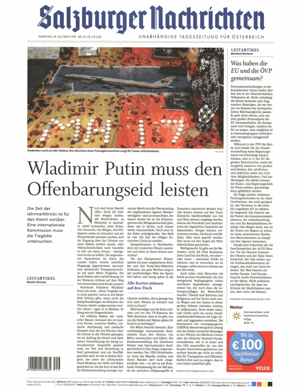 Titelseite der Salzburger Nachrichten vom 19. Juli 2014 mit einem Artikel über den Abschuss einer Passagiermaschine.