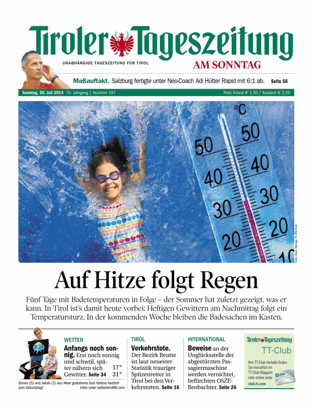 Ein Mädchen mit Schwimmbrille taucht in blaues Wasser neben einem Thermometer, das 30 Grad Celsius anzeigt.