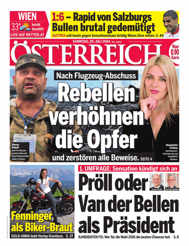 Titelseite der Zeitung „Österreich“ vom 20. Juli 2014 mit Artikeln über einen Flugzeugabschuss und eine Umfrage zur Präsidentschaftswahl.