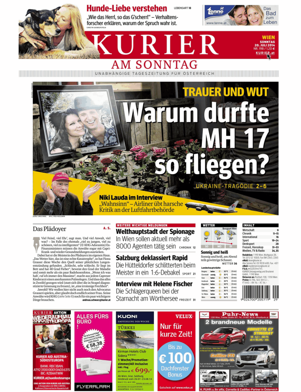 Titelseite des „Kurier am Sonntag“ vom 20. Juli 2014 mit Artikeln über MH17 und Niki Lauda.