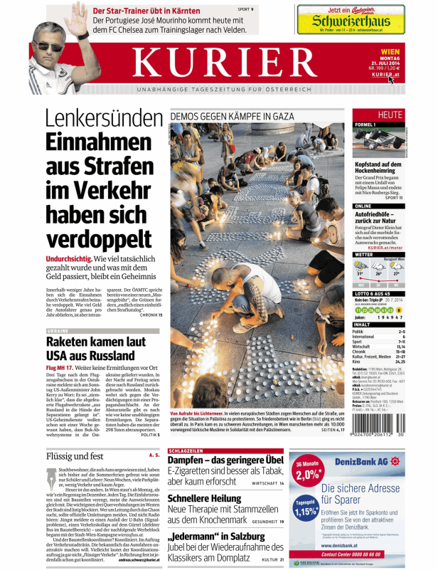Titelseite der österreichischen Tageszeitung Kurier vom 21. Juli 2014.