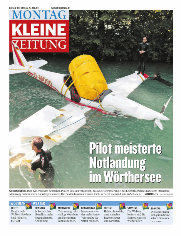 Ein Leichtflugzeug mit gelbem Auftriebskörper nach einer Notlandung im Wörthersee.