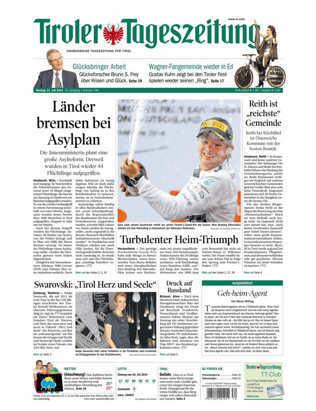 Titelseite der Tiroler Tageszeitung vom 21. Juli 2014.