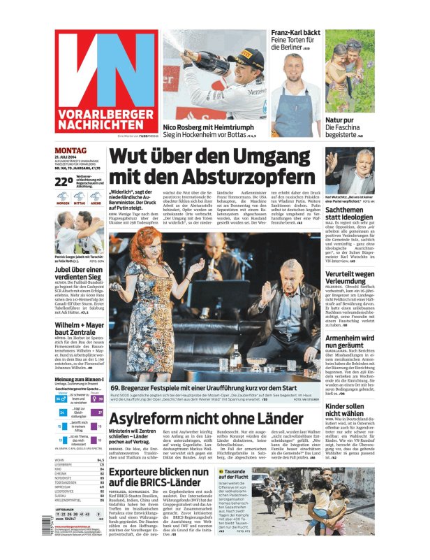 Titelseite der Vorarlberger Nachrichten vom 21. Juli 2014.