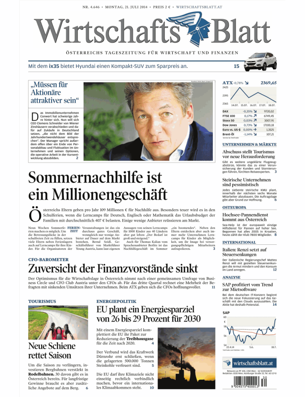 Titelseite des Wirtschaftsblatt vom 21. Juli 2014.