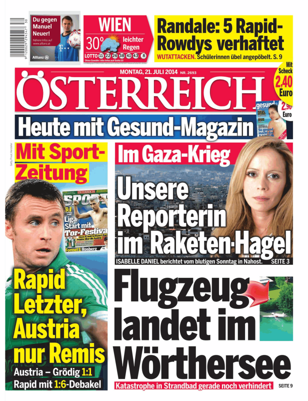 Titelseite der Zeitung „Österreich“ vom 21. Juli 2014 mit Artikeln zu Sport, Gaza-Krieg und einem Flugzeugabsturz im Wörthersee.