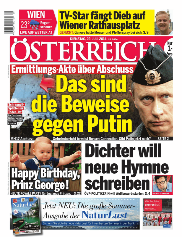 Titelseite der Zeitung „Österreich“ vom 22. Juli 2014 mit Schlagzeilen zu Putin und Prinz George.