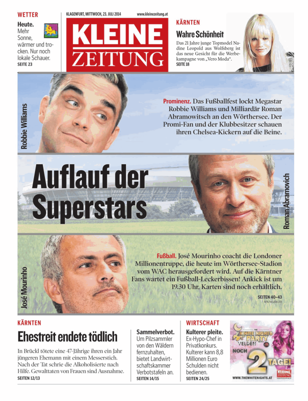 Titelseite der Kleinen Zeitung vom 23. Juli 2014 mit Bildern von Robbie Williams, Roman Abramowitsch und José Mourinho.