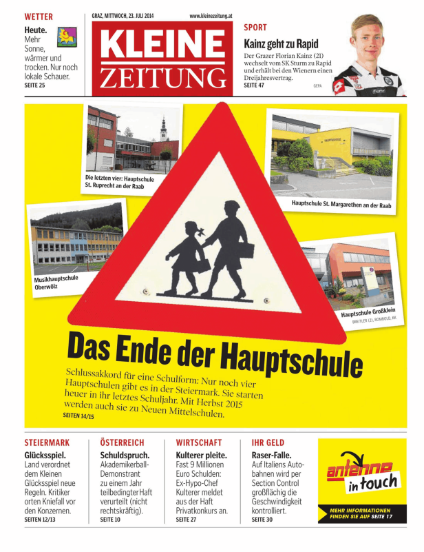 Titelseite der Kleinen Zeitung vom 23. Juli 2014 mit dem Thema „Das Ende der Hauptschule“.