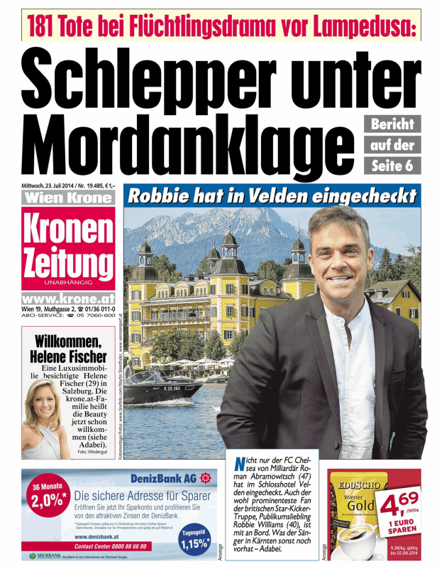 Titelseite der „Kronen Zeitung“ vom 23. Juli 2014 mit Robbie Williams vor dem Schlosshotel Velden.