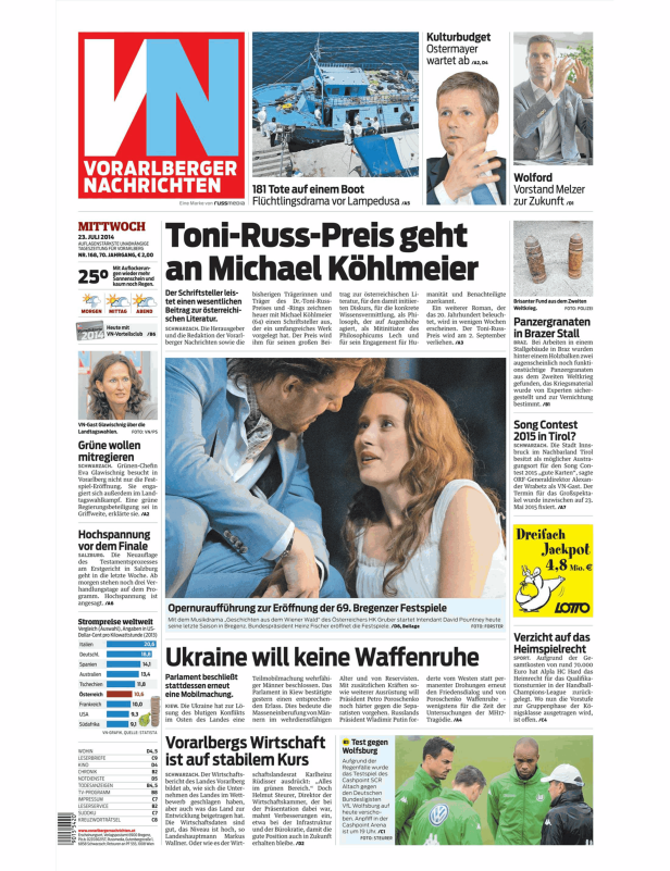 Titelseite der Vorarlberger Nachrichten vom 23. Juli 2014.