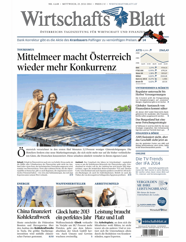 Ein Paar sitzt am Seeufer; Titelseite des „Wirtschaftsblatt“ zum Thema Tourismus.