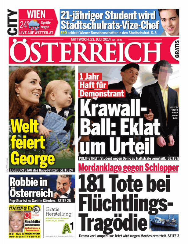 Titelseite der Zeitung „Österreich“ vom 23. Juli 2014 mit Schlagzeilen zu verschiedenen Themen.