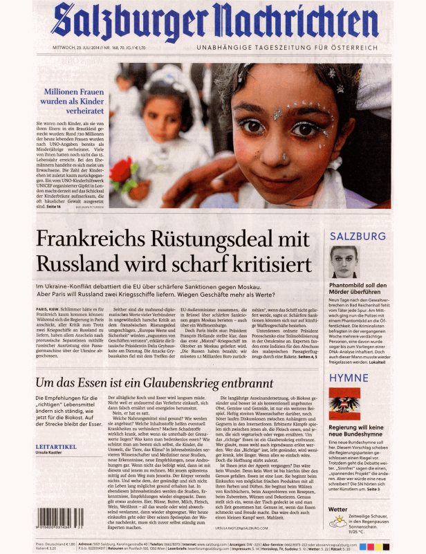 Titelseite der „Salzburger Nachrichten“ vom 23. Juli 2014.