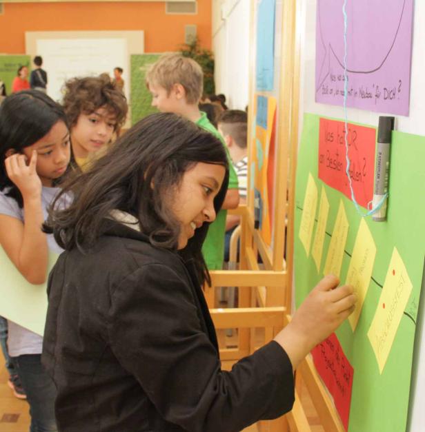 Eine Gruppe von Schülern betrachtet eine Pinnwand mit Notizen.