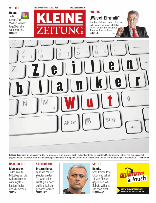 Eine Computertastatur zeigt die Wörter „Zeilen blanker Wut“.